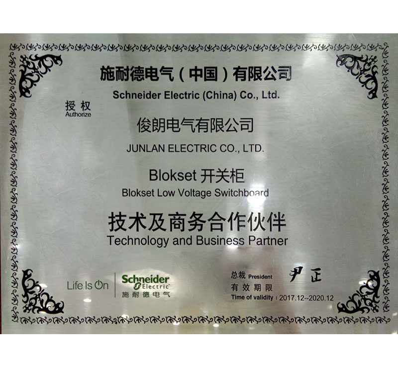 施耐德電氣（中國）有限公司授權(quán)俊朗電氣有限公司Blikset開關(guān)柜技術(shù)及商務(wù)合作伙伴